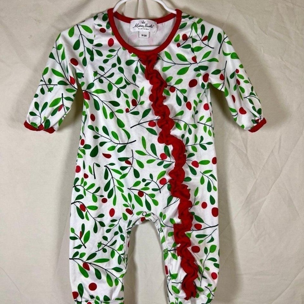 Marie Nicole Sleeper Baby Girl 6-12M White Red Green Excellent Holly Ruffle